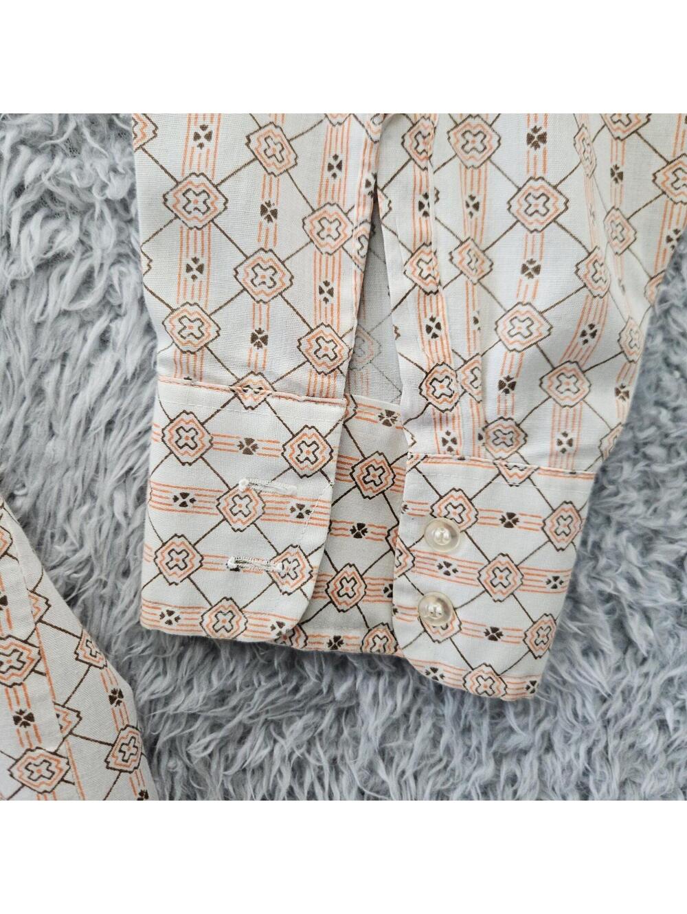 70's Vintage Shirt 17-36 Julliard Orange All Over Print Geometric w/Collar Stays - Picture 4 of 15
